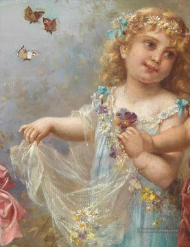 petite fille et papillon Hans Zatzka classique fleurs Peinture à l'huile